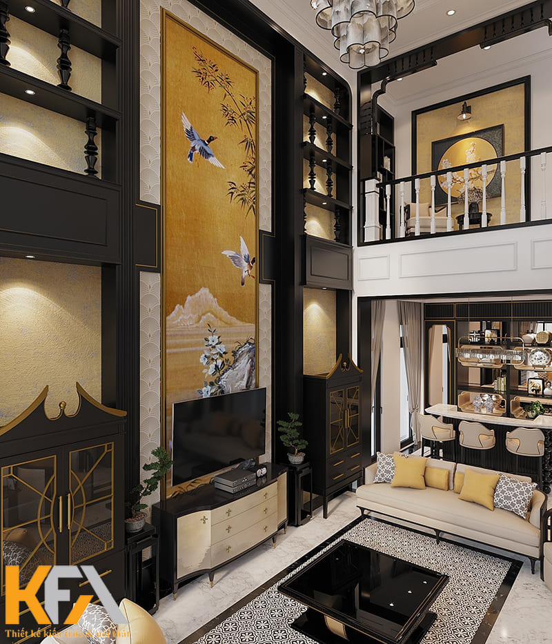 Thiết kế phòng khách thông tầng cho biệt thự phong cách Indochine