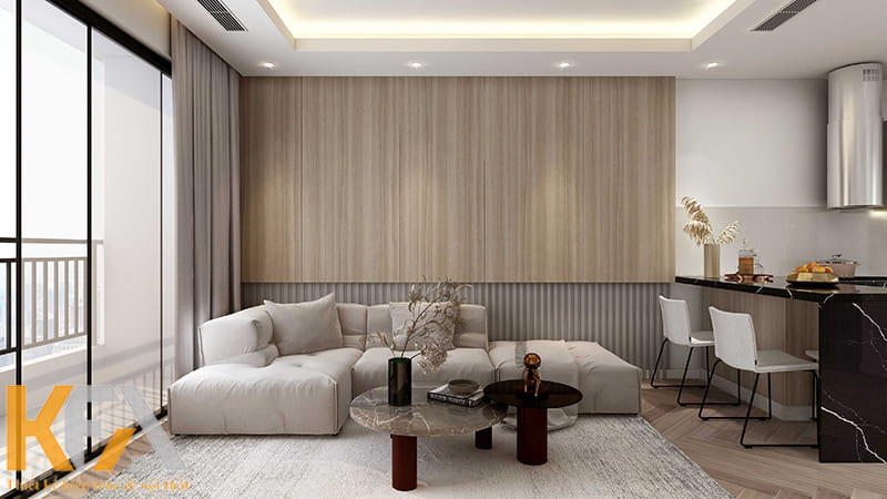 Bố cục phòng khách đơn giản với nội thất cơ bản là bộ sofa và bàn trà