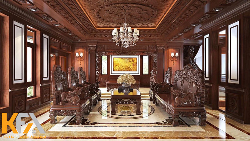 Phòng khách của biệt thự bằng gỗ tự nhiên với những nét trạm trổ uốn lượn