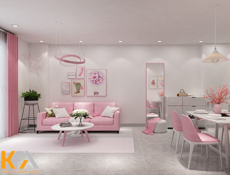 Màu hồng pastel được biết đến là một màu sắc rất dễ phối đồ nội thất cho phòng khách