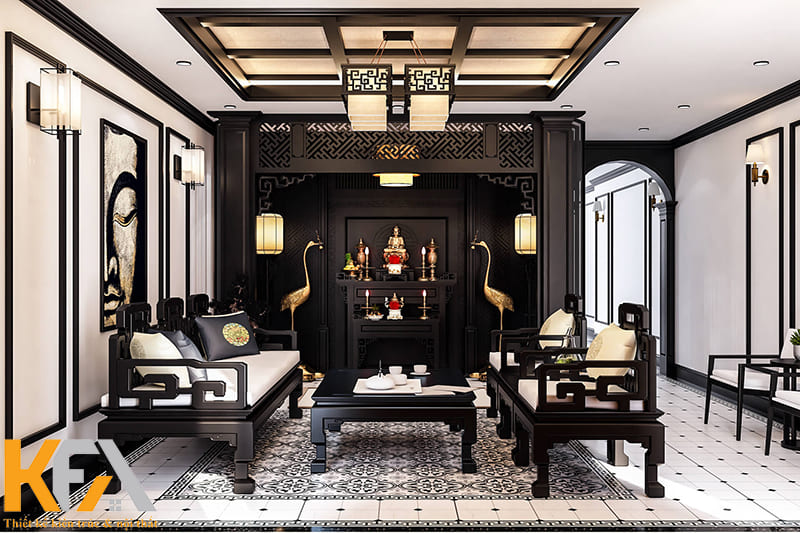 Phòng khách phong cách cổ điển Việt Nam kết hợp bàn thờ trang trọng