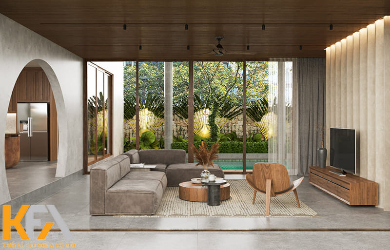 Phòng khách được thiết kế hướng ra sân vườn tuyệt đẹp