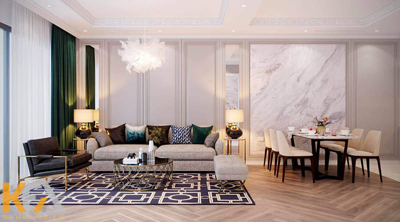 Bàn ăn được bố trí ở phần trung gian giữa 2 khu vực