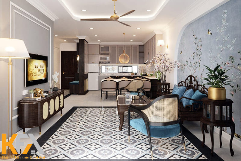 Thiết kế phòng khách liền bếp ứng dụng được với mọi phong cách