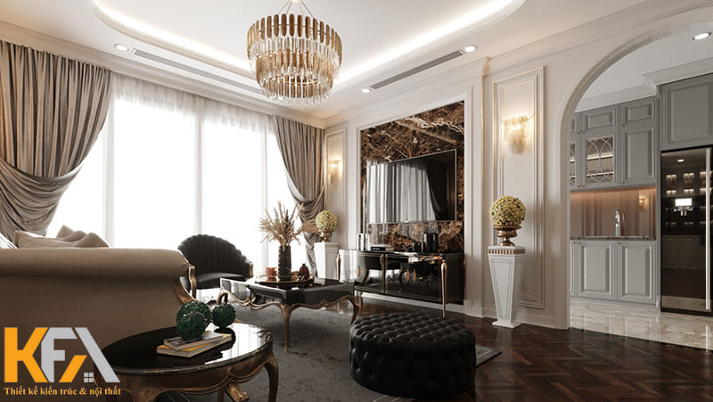 Đèn chùm là mộ trong những món đồ nội thất không thế thiếu trong các thiết kế phòng khách luxury