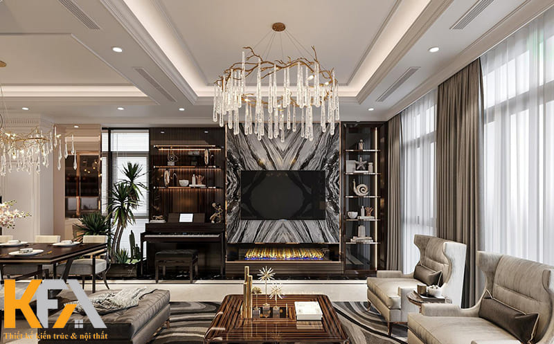 Chiếc đèn chùm được kết hợp từ chất liệu kim loại và đá pha lê đẹp hút mắt