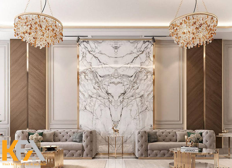 Phòng khách biệt thự với 2 chiếc đèn chùm đối xứng cân đối