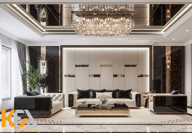 Thiết kế đèn chùm lớn bằng pha lê sáng bóng khiến không gian phòng khách thêm sang trọng