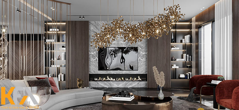 Đèn chùm chính là điểm nhấn trong mẫu thiết kế phòng khách này