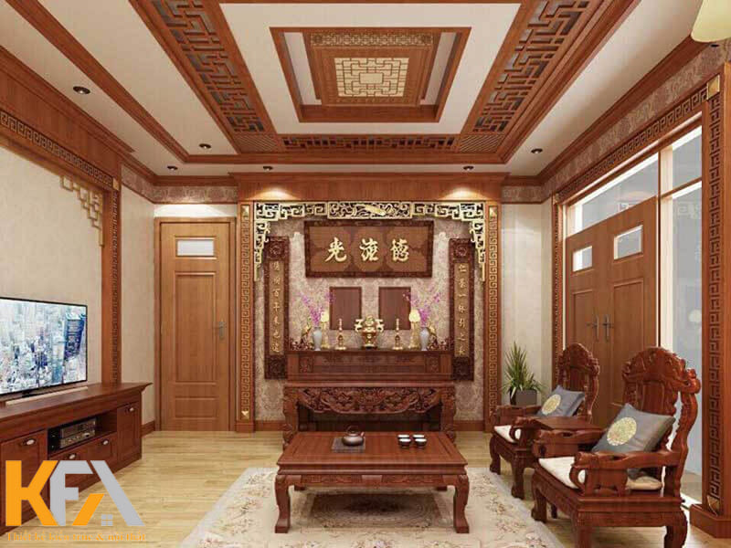 Phòng khách kết hợp phòng thờ chất liệu gỗ tự nhiên màu sắc bắt mắt