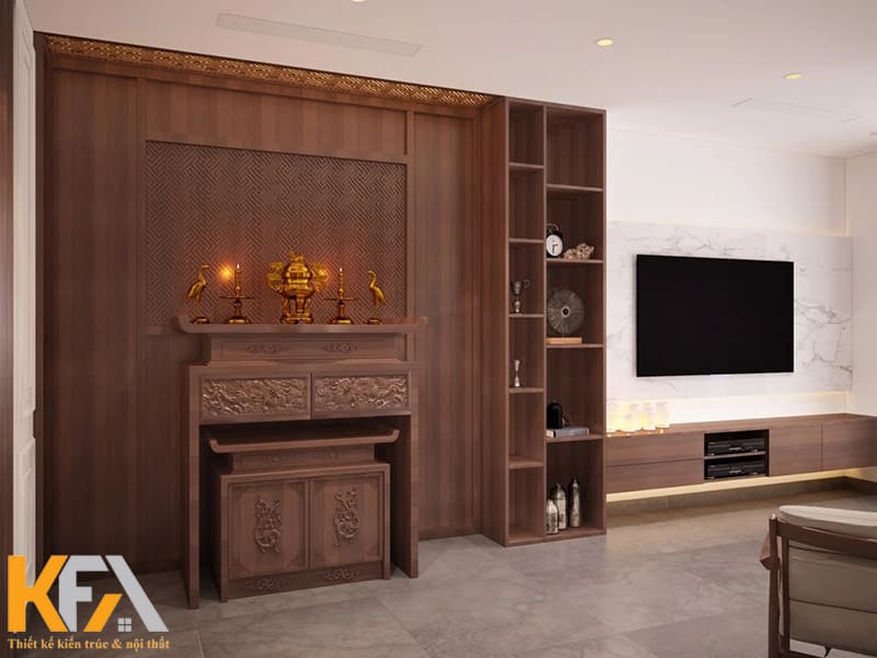 Bàn thờ đứng thường được thiết kế kèm vách hậu chỉnh chu