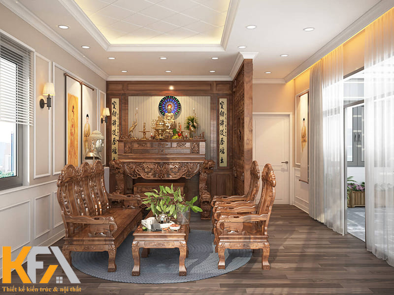 Màu sắc và chất liệu của bàn thờ đồng nhất với bàn ghế tiếp khách