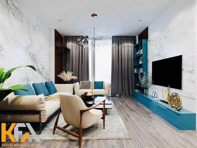 Gam màu xanh được kết hợp khéo léo giúp phòng khách nổi bật hơn