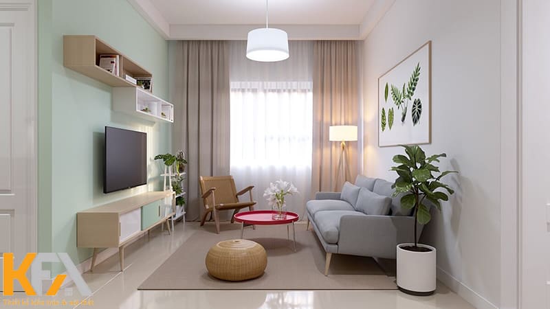 Trang trí phòng khách nhỏ chung cư bằng rèm cửa 