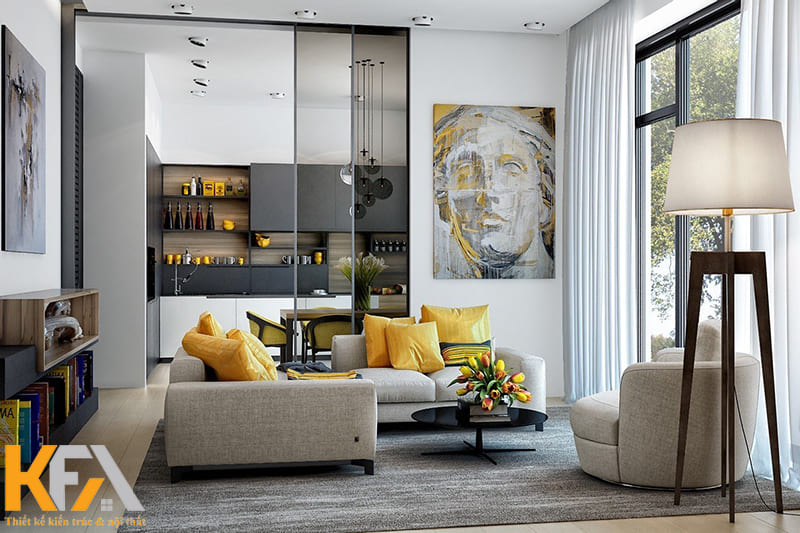 Ngăn cách phòng khách bằng vách ngăn kính hoặc vách CNC để tạo sự thông thoáng