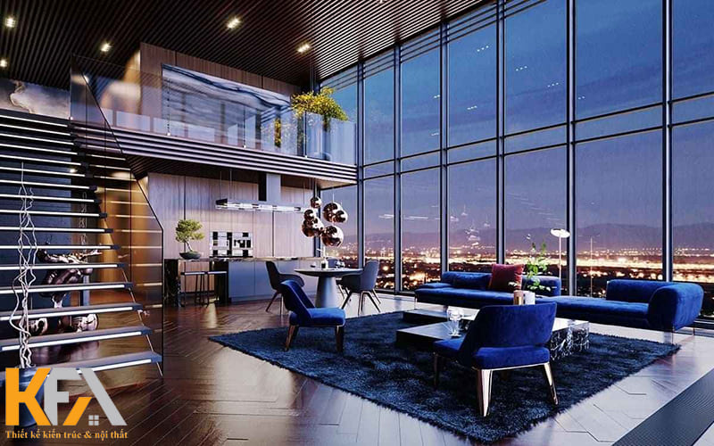 Không gian phòng khách sang trọng với gam màu xanh cuốn hút và độc lạ