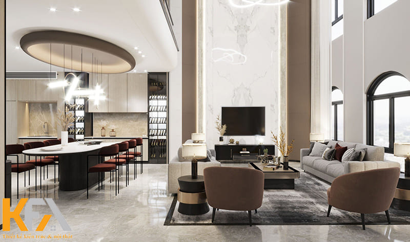 Phòng khách thông thoáng nhờ thiết kế trần cao và không gian mở