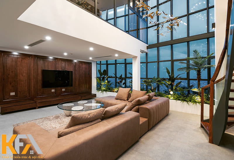 Trang trí phòng khách thông tầng bằng đèn trần đẹp mắt