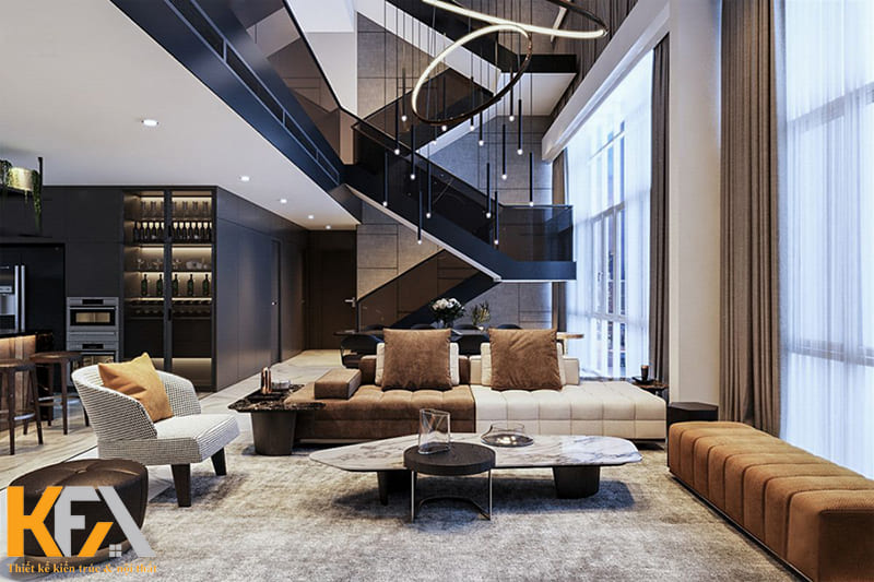 Nội thất cao cấp kết hợp với ánh sáng lung linh trong phòng khách