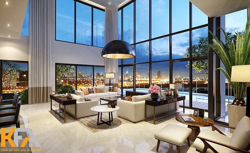Thiết kế phòng khách thông tầng cho căn Duplex với hệ thống cửa kính và view cực đỉnh
