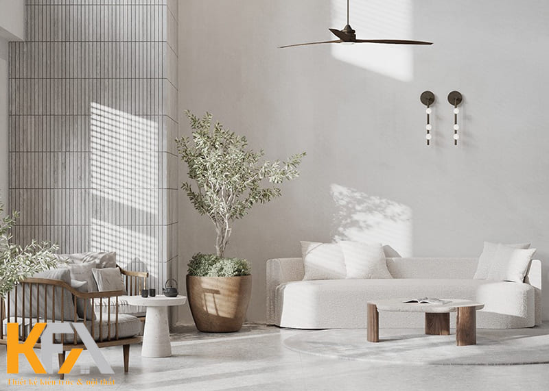 Bố trí những chậu cây xanh mát hoặc tiểu cảnh rất cần cho thiết kế phòng khách tối giản