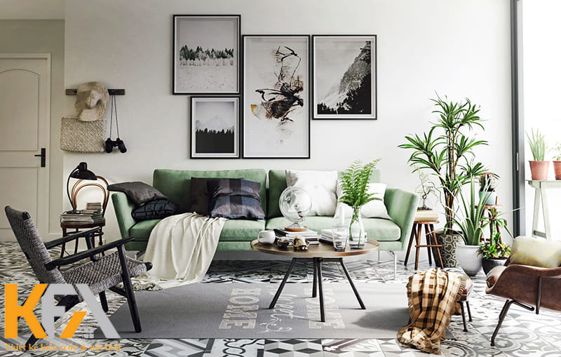 Phòng khách Vintage sử dụng màu sắc tươi sáng