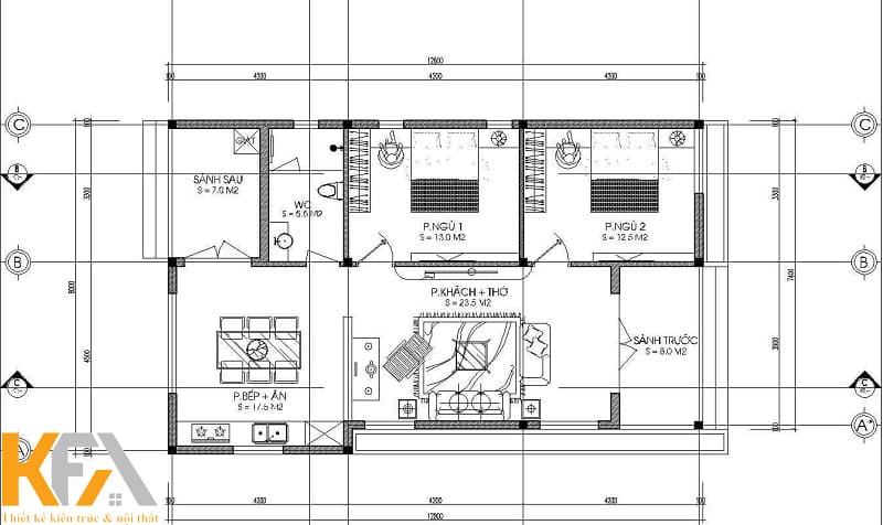Bản vẽ thiết kế mặt bằng nhà 1 tầng 50m2 anh Hòa