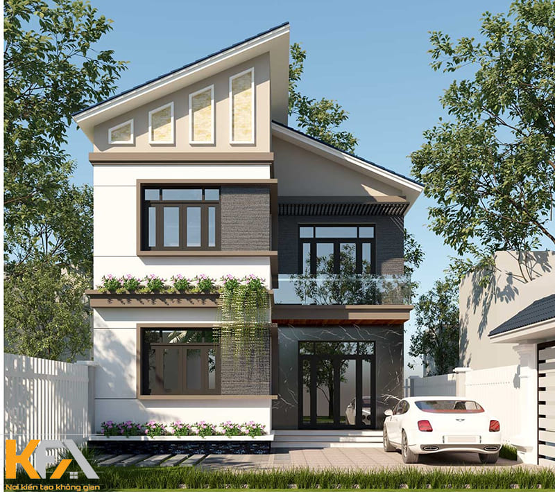 Mẫu thiết kế nhà 2 tầng mái lệch hình chữ L độc đáo