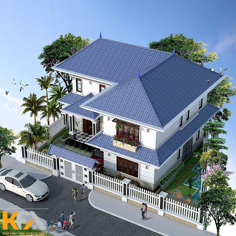 Mẫu nhà 2 tầng chữ L mái Thái xanh nổi bật