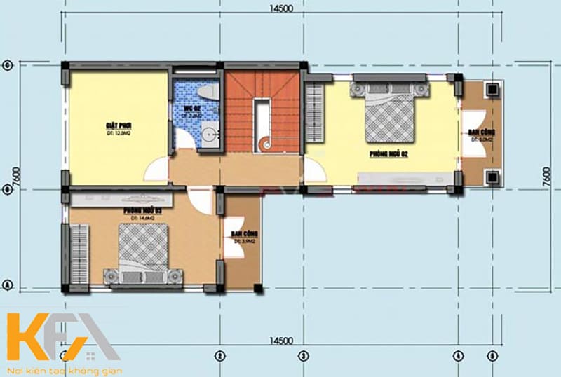 Tầng 2 được bố trí khu giặt, phơi, 2 phòng ngủ, ban công, 1 phòng WC