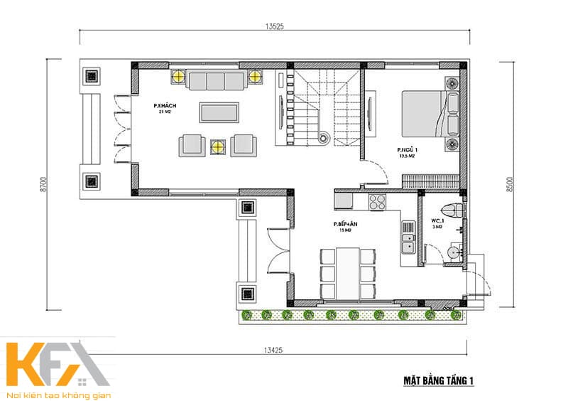 Bước vào sảnh chính qua 3 bậc tam cấp là khu vực phòng khách