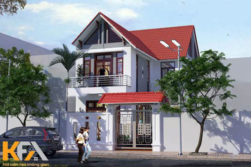 Thiết kế ngói đỏ tươi, kết hợp cùng với màu nâu của cửa gỗ, màu trắng sơn tường