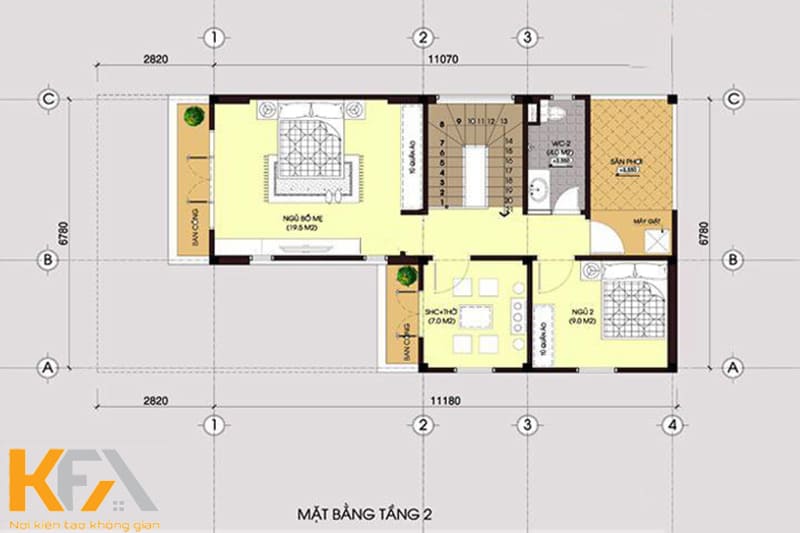 Mặt bằng tầng 2 được thiết kế bao gồm: 1 phòng thờ, 2 phòng ngủ, 1 phòng WC và 1 sân phơi