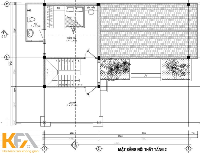 Tầng 2 được thiết kế với 1 phòng ngủ, 1 phòng vệ sinh chung và khu vực sân chơi, sân phơi