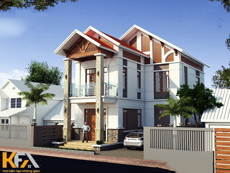 Ngôi nhà 2 tầng chữ L 80m2 sử dụng hệ mái Thái theo phong cách kiến trúc hiện đại, đơn giản