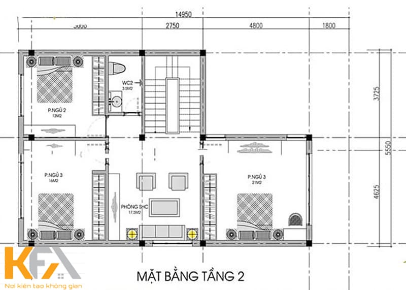 Mặt bằng tầng 2 bao gồm 3 phòng ngủ, 1 phòng sinh hoạt chung và 1 phòng vệ sinh chung