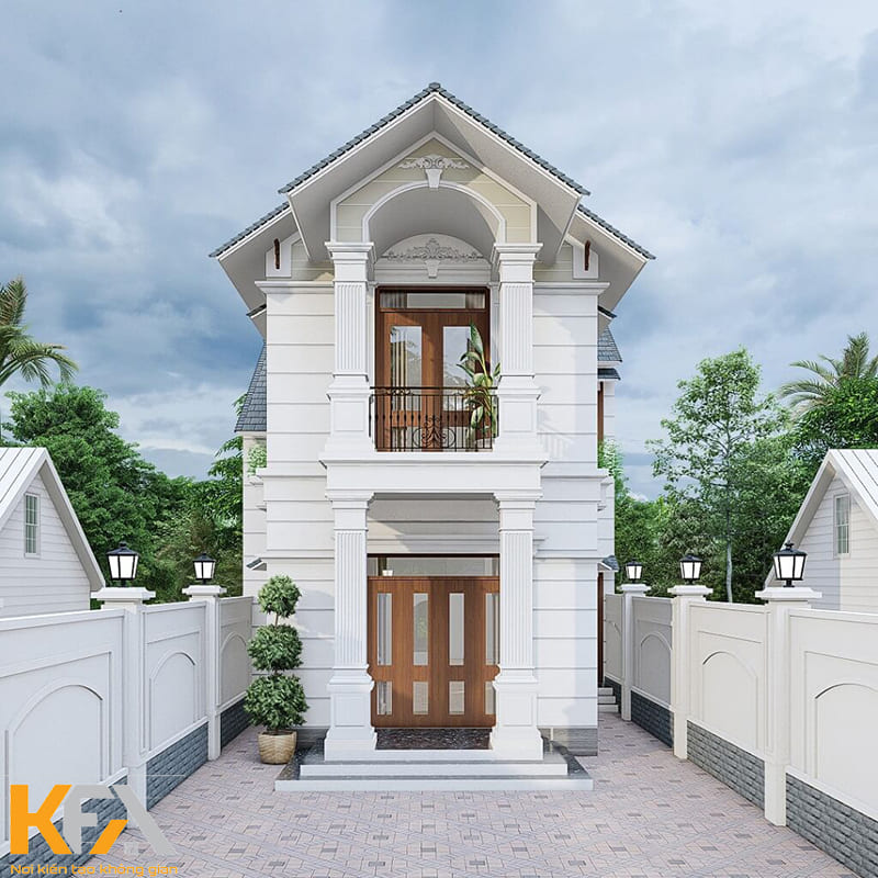 Mẫu nhà 2 tầng mái Thái này được sơn toàn bộ màu trắng sang trọng
