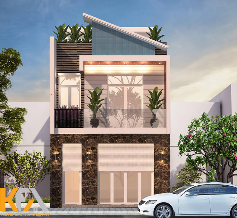 Mặt tiền của ngôi nhà được ốp đá và thiết kế cửa kính thông thoáng