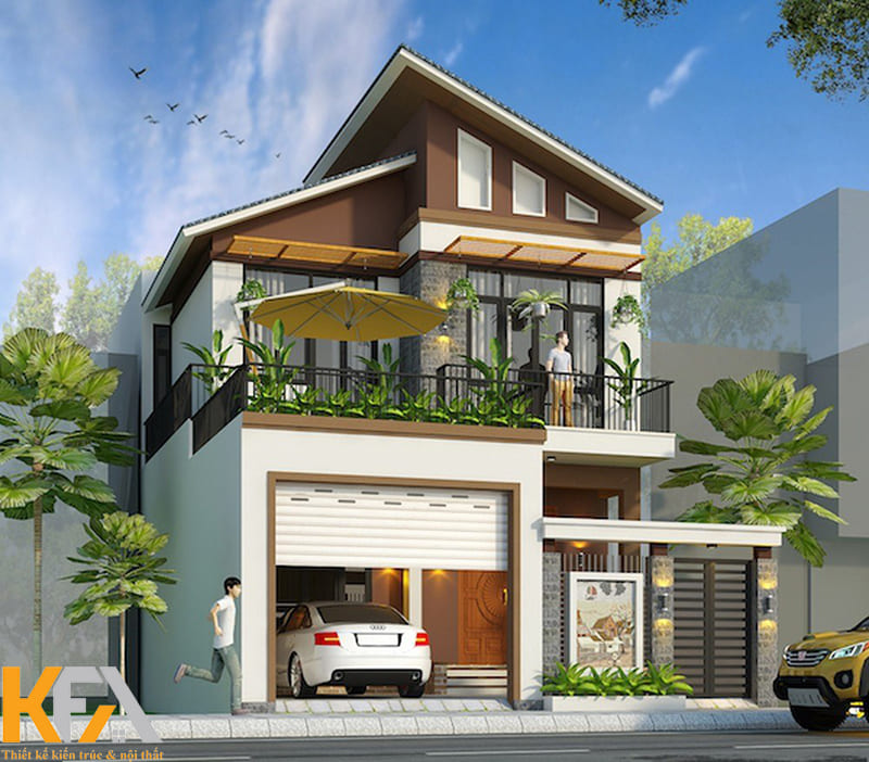 Mẫu nhà 2 tầng 500 triệu ở nông thôn có gác lửng mái lệch hiện đại