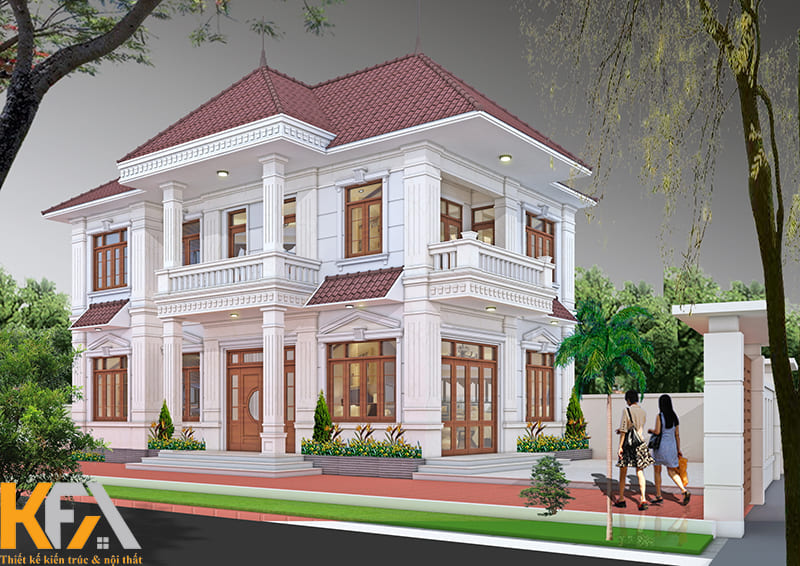 Mẫu nhà 3 gian 2 tầng tân cổ điển với mái ngói đỏ nổi bật