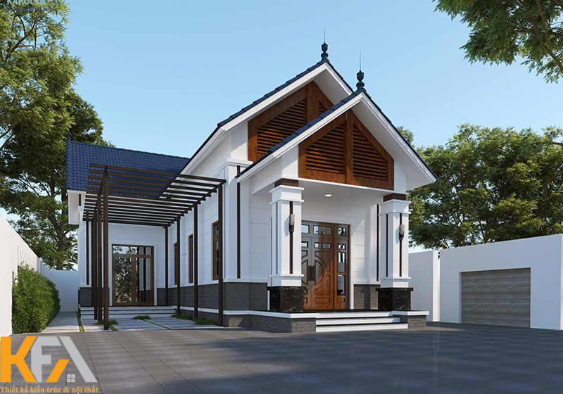 Nhà 1 tầng có gác lửng hình chữ L hiện đại