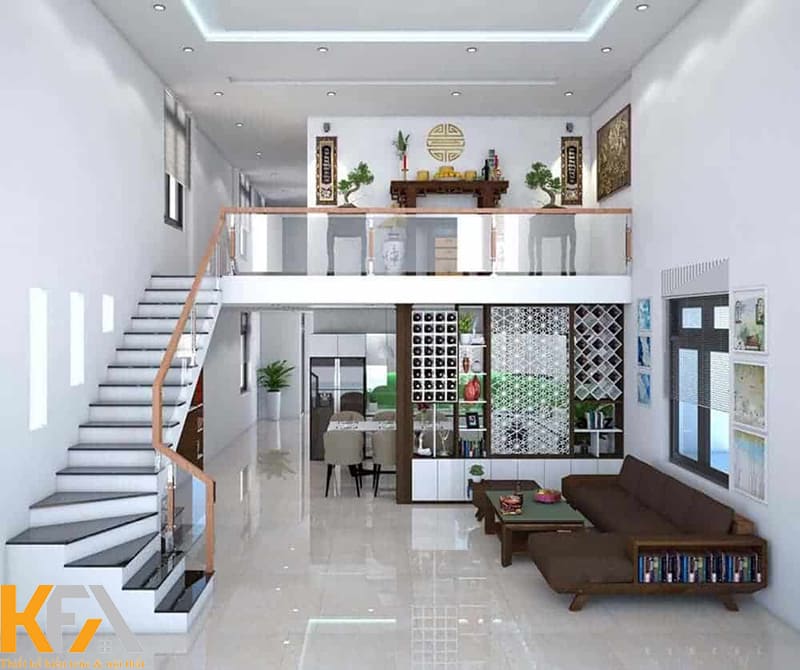 Tầng gác lửng trên cao được bố trí đặt bàn thờ gia tiên
