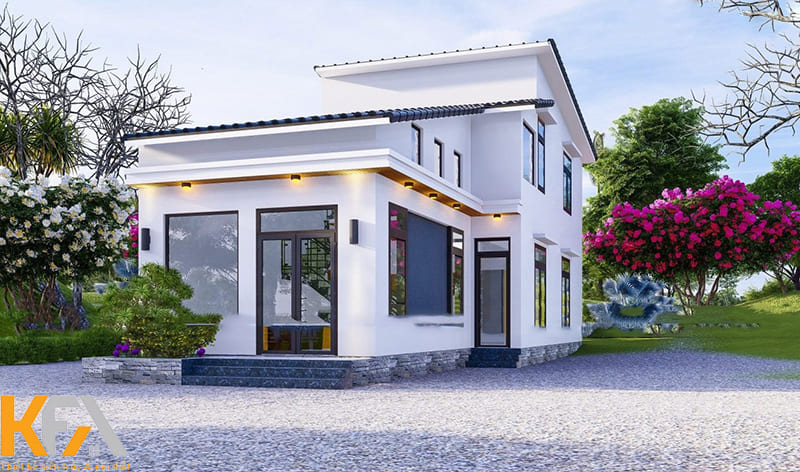 Mẫu nhà gác lửng 3 phòng ngủ mái lệch độc đáo