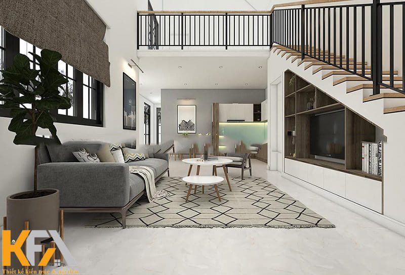 Với mẫu nhà có diện tích 5x10m, việc có thêm gác lửng cùng phòng khách sẽ giúp tối ưu không gian