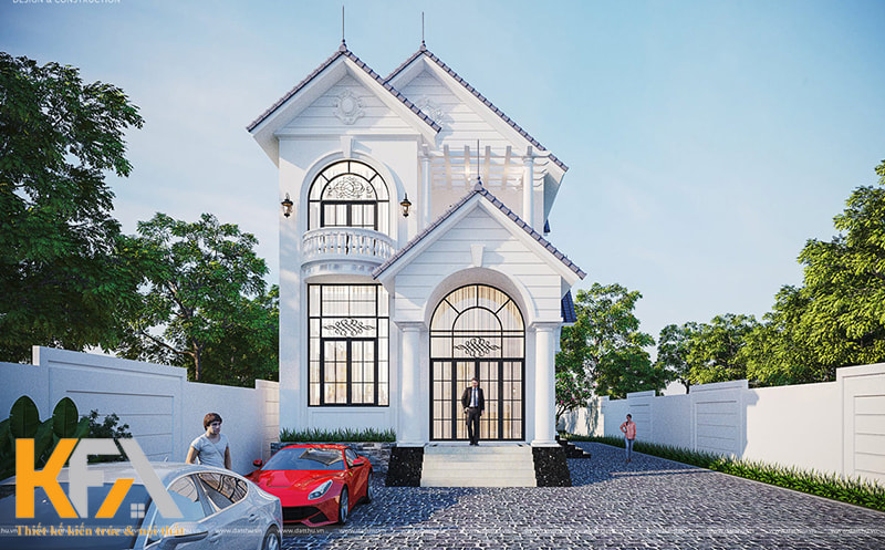 Mẫu thiết kế nhà 2 tầng 3 phòng ngủ 80m2 phong cách tân cổ điển màu trắng đẹp