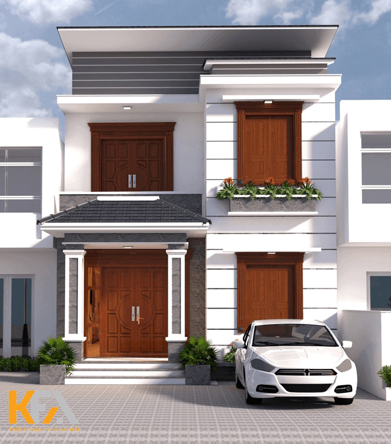 Ngôi nhà 2 tầng với màu trắng chủ đạo kết hợp với cửa gỗ nâu 