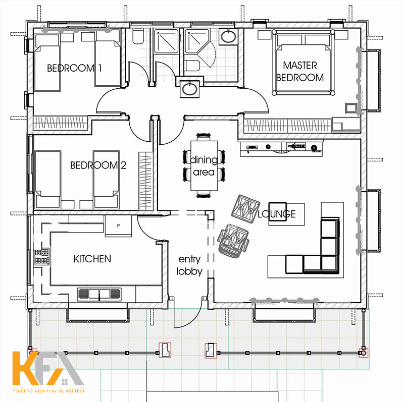 Bản vẽ thể hiện chi tiết vị trí không gian và nội thất trong nhà