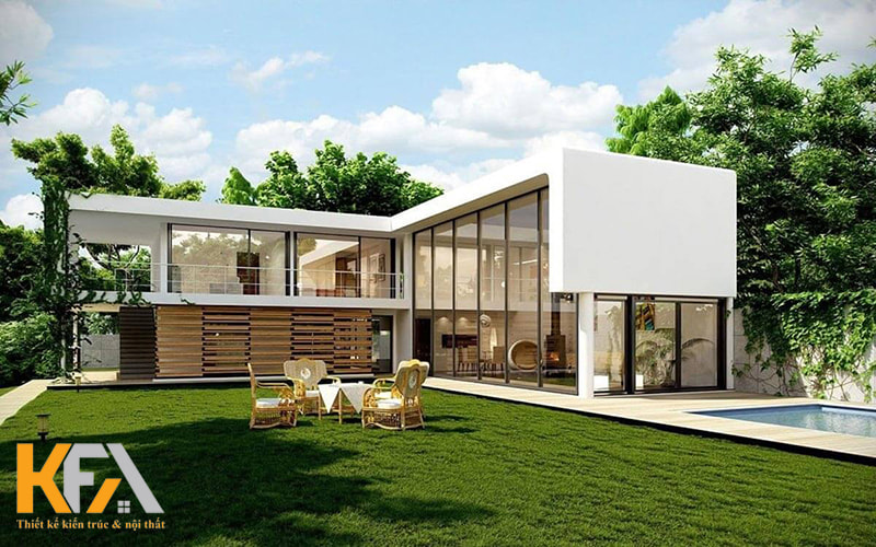 Mẫu nhà chữ L mái bằng hiện đại sử dụng hệ thống cửa kính thông thoáng