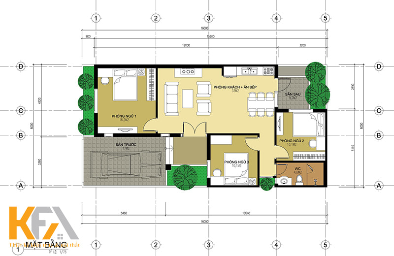 Bản vẽ thiết kế nhà 1 tầng 80m2 có gara ô tô