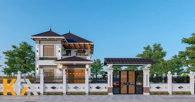 Tổng quan thiết kế nhà 2 tầng mái Nhật bao gồm cả cổng và hàng rào